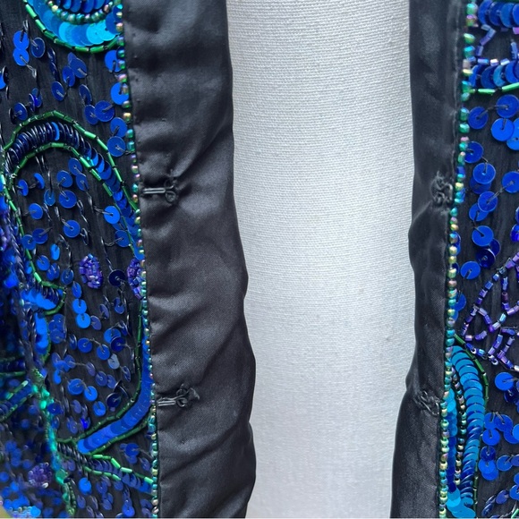 Vintage Laurence Kazar full Sequin and Beaded Blue and Green Silk Blazer Jacket - Picture 15 of 17